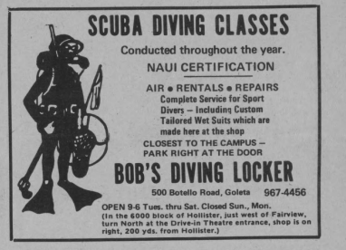 Bob’s Diving Locker advertised NAUI classes and custom wetsuits from 500 Botello Road in Goleta.