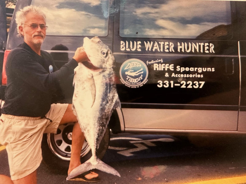 The Blue Water Hunter van, featuring Deep Thought wetsuits and Riffe spearguns.