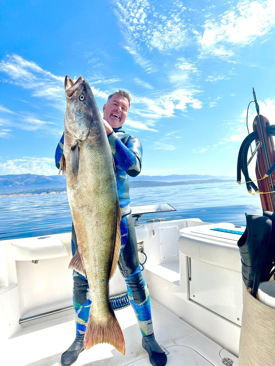 Jethro Acosta, owner of Blue Water Hunter, with a white seabass off Santa Barbara